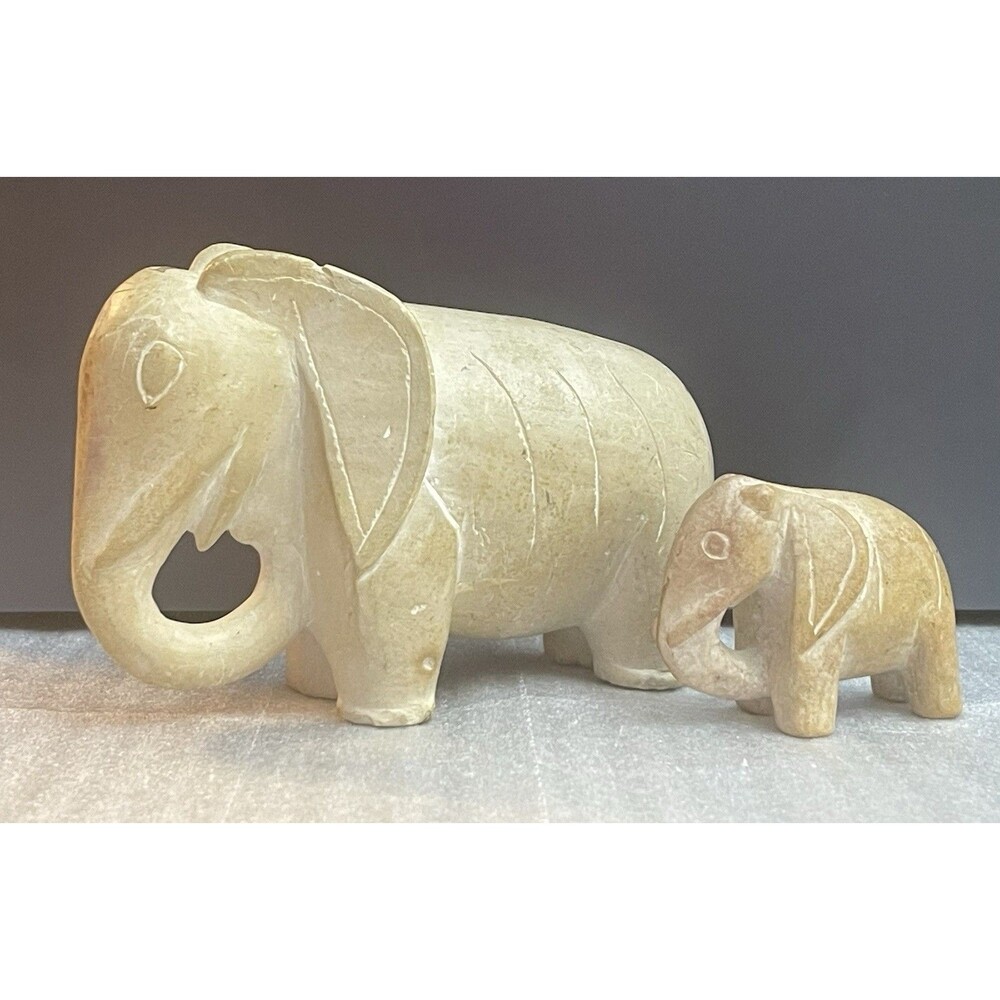 Hand-Carved Stone Elephant & Baby Figurines Heavy Primitive Folk Art VTG